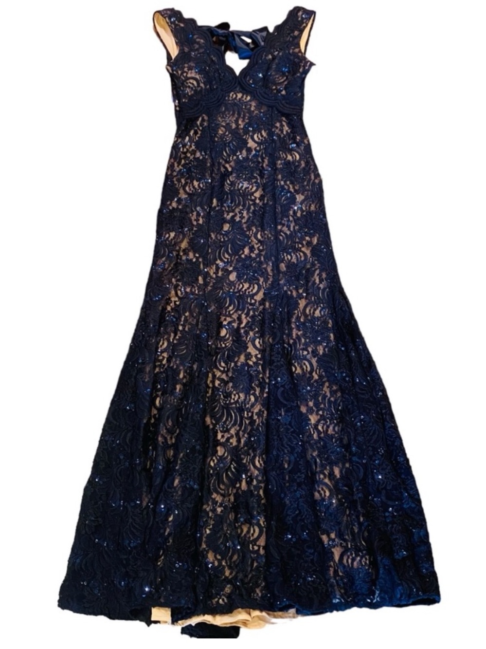 NIGHTWAY Evening Gown All Over Lace Sequin Navy Blue Open Back 2